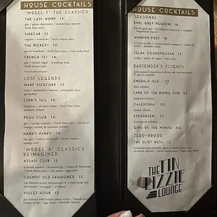 Cocktail menu