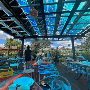 Outdoor patio in summertime.