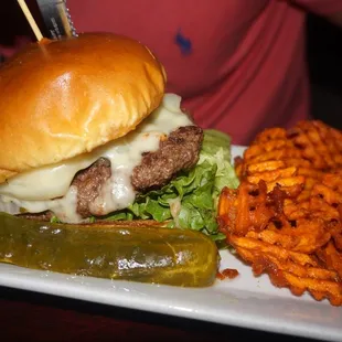 French Onion Burger (4/5) and Sweet Potato Waffle Fries (3/5)