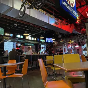 a bicycle hanging from the ceiling
