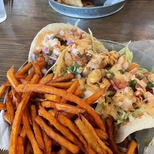 Shrimp tacos and sweet potato fries