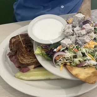 Half Ruben sandwich with chicken salad salad (laughed in my head)