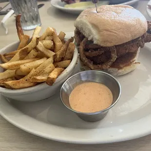 Fried chicken sandwich. (Strong peppercorn taste)  No pretzel bun