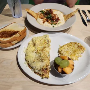 Big ben omelet with hashbrown casserole and fruit + Shrimp and grits