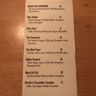 House cocktail menu.