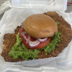 It was the best pork tenderloin sandwich I&apos;ve had in a long time. It was so big. It was delicious.