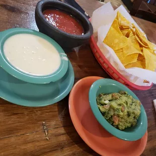 Chips, salsa, cheese sauce, and guacamole