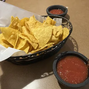 a basket of chips and salsa