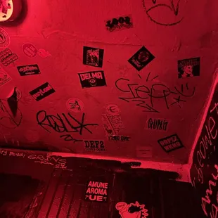 graffiti on the walls and ceiling