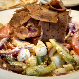 Greek Village Salad with housemade oregano vinaigrette, gyro meat, and pita bread ~ tasty!