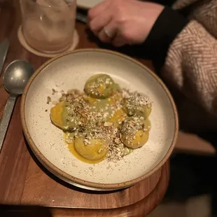 Ricotta Dumplings, butternut sqaush, green tomato, pumpkin seed, feta