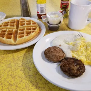 Turkey sausage, eggs with cheese, grits, and a waffle. Everything was good but the grits. Grits need more cooking time, butter, and salt.