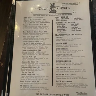 Menu- cocktails and appetizers