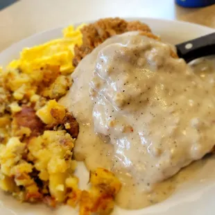 Chicken fried steak with hash browns
