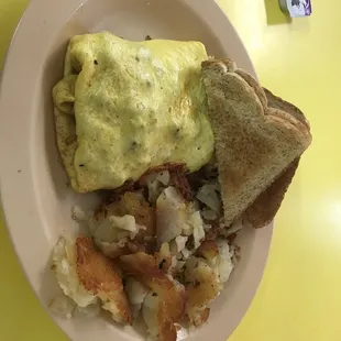 Sausage egg and cheese omelette and home fries