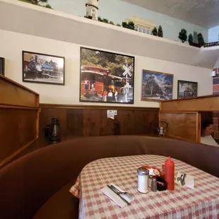a table with a checkered tablecloth