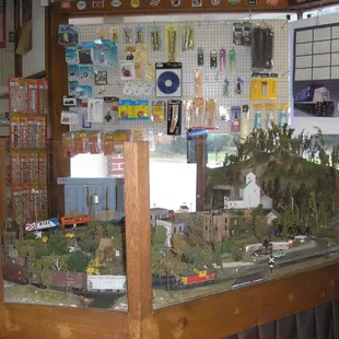 Our store's HO scale layout.  When visiting, be sure to take a close look to catch all of the hidden jokes and spot the tiger.