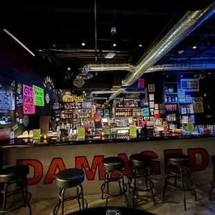 a bar with several stools