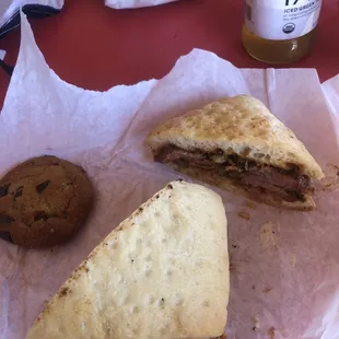 Tri-tip sandwich and chocolate chip cookie