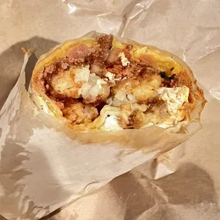 Breakfast burrito with Chorizo and bacon. The best!