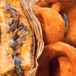 Mushroom melt and onion rings...the perfect combo!