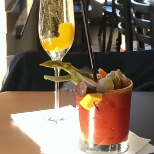 Brunch is beautiful out here! Made from scratch Bloody&apos;s and Peach Bellinis!