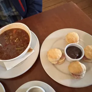 Soup and ham biscuits.