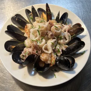 Seafood Pasta w/ mussels, shrimp, calamari and linguini. Available in garlic white wine, marinara or saffron béchamel sauce.