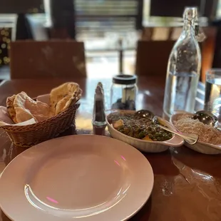 Paneer, rice and garlic naan bread.   Yummy