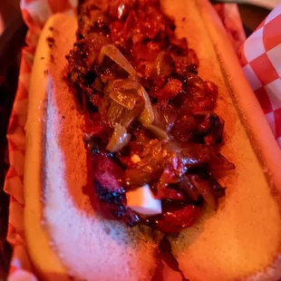 Seattle Dog with hot peppers. Hemplers all beef dog too!