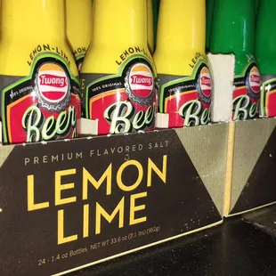 a row of lemon lime bottles