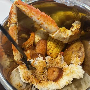 King Crab Legs Shrimp with Head Corn Sausage Potatoes White Rice 2 Eggs
