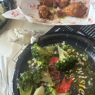 Steamed broccoli and lemon pepper wings.