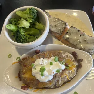 Lemon Salmon with loaded baked potato and broccoli