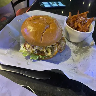 Atomic Burger and sweet potato fries