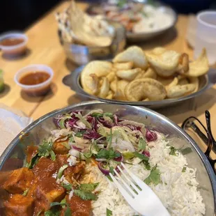 Tofu tikka masala with no chickpeas, chat fries and naan.