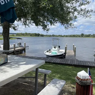 a picnic table and boats