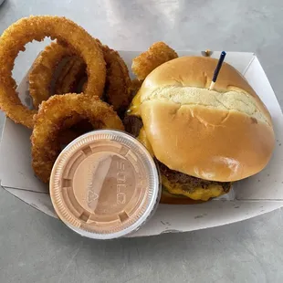 Double cheeseburger and Onion Rings