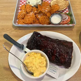 Mushroom Swiss Burger and half rack of Ribs!