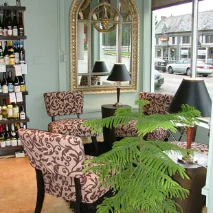 a living room with a plant in the corner