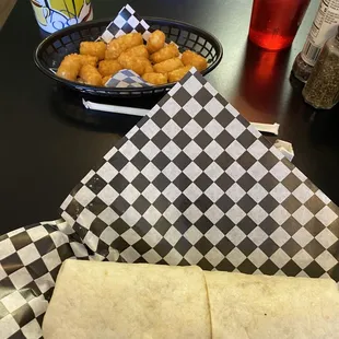 Breakfast burrito, tots