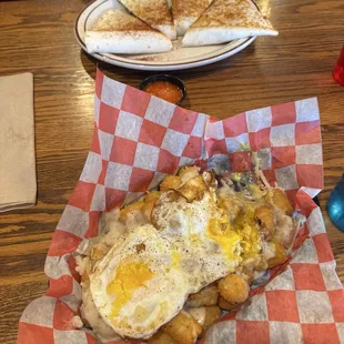 Quackadilla and Biscuits &amp; Gravy tots