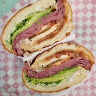Salami, Avo, Red sauce (not sure what type, not marinara), on Dutch Crunch, with all the condiments.