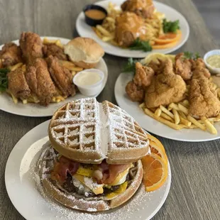 fried chicken, waffles, and fries