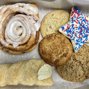 Cinnamon roll, ladylock, and cookies