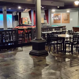 a wet floor and tables