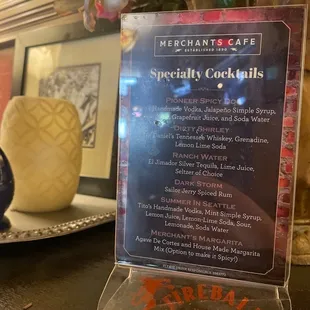 Speciality Cocktail menu