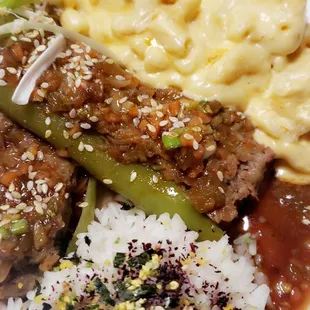 Stuffed Asian Peppers, Extra Creamy Macaroni Cheese, Rice with Furikake Rice Seasoning, and Dipping Sauce.