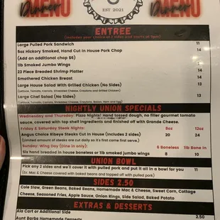 Dinner menu