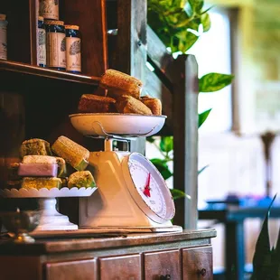 a display of pastries and cakes